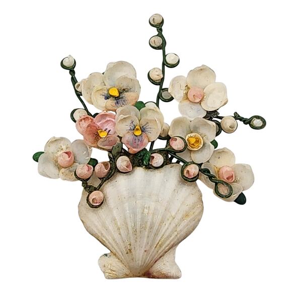 Vintage Seashell Art Brooch c. 1940s Pansies Arranged in a Scallop Shell Vase - Picture 1 of 5